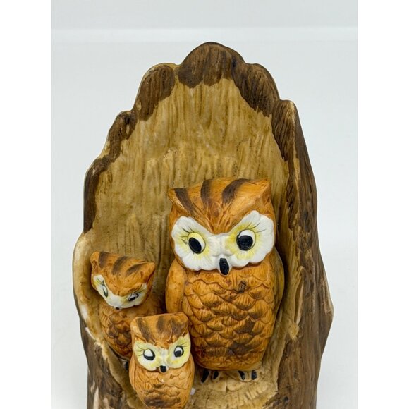 VTG Ceramic Owl Figurine Mama & Chicks in Log 5.5" Brown Kitsch Bird Ornament - Picture 2 of 8